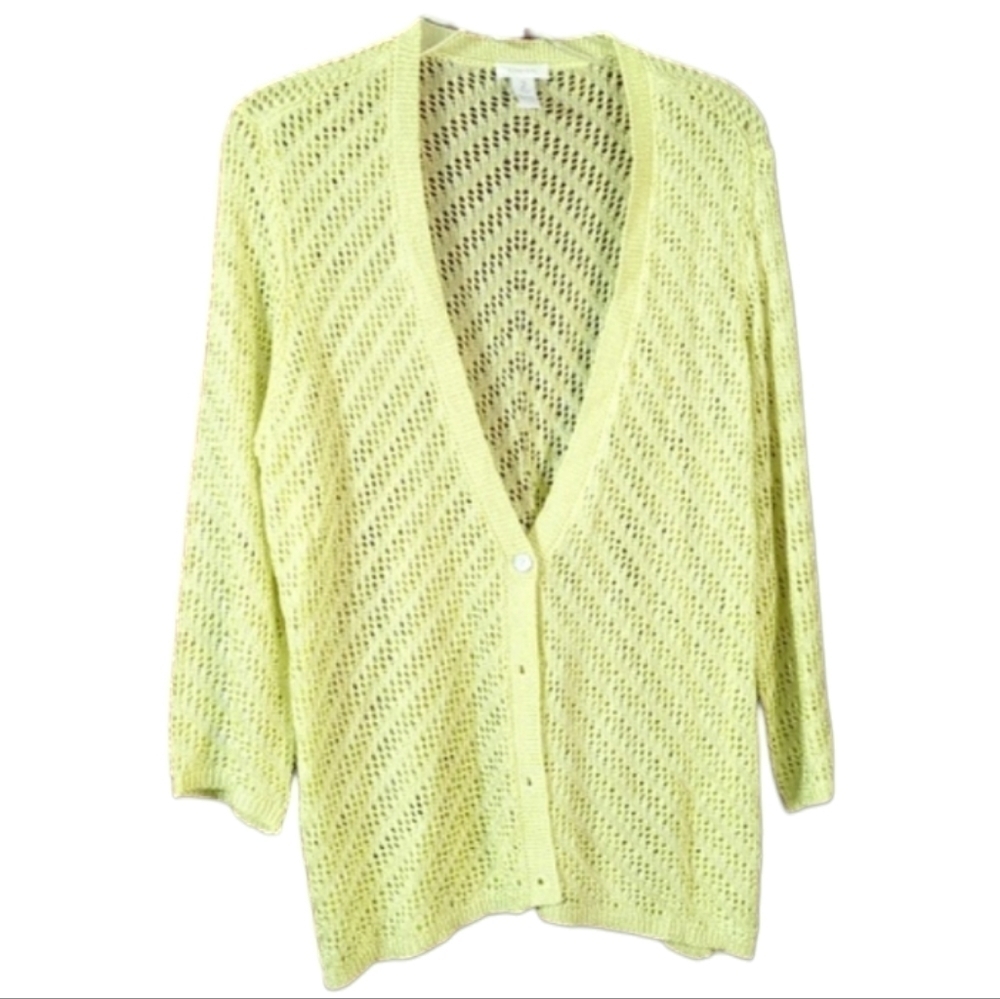 Chico's Womens Sweater Cardigan Crochet Open Weave Butter Yellow 3/4 Sleeve 2 12